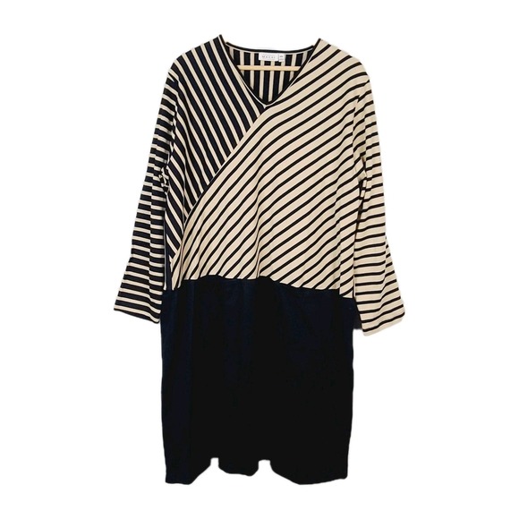 Masai Copenhagen Nenala Dress 2XL Black Beige Stripe Colorblock Knit Shift - Picture 2 of 12